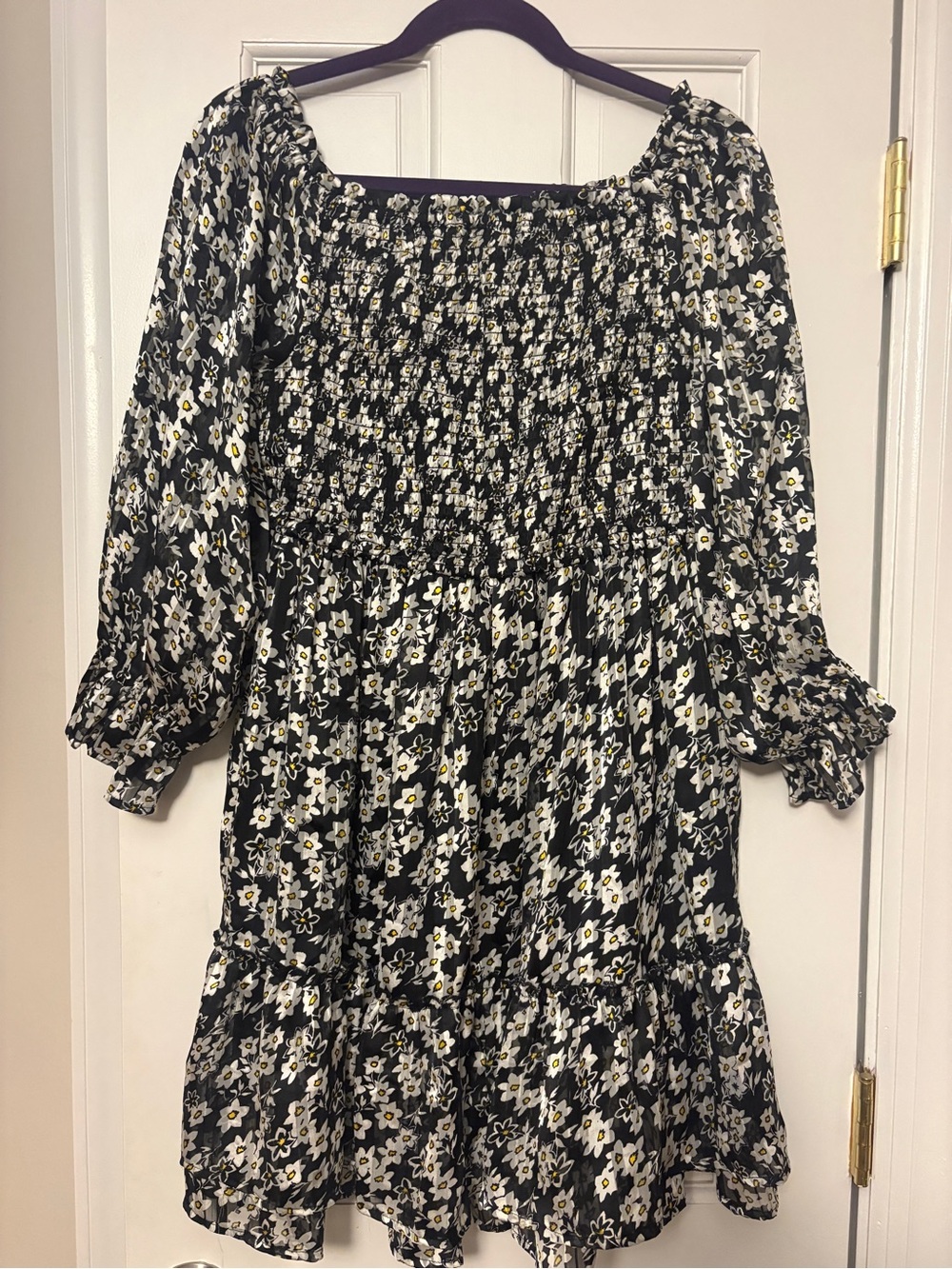 Black Floral Smocked Casual Dress with Puff Sleeves
